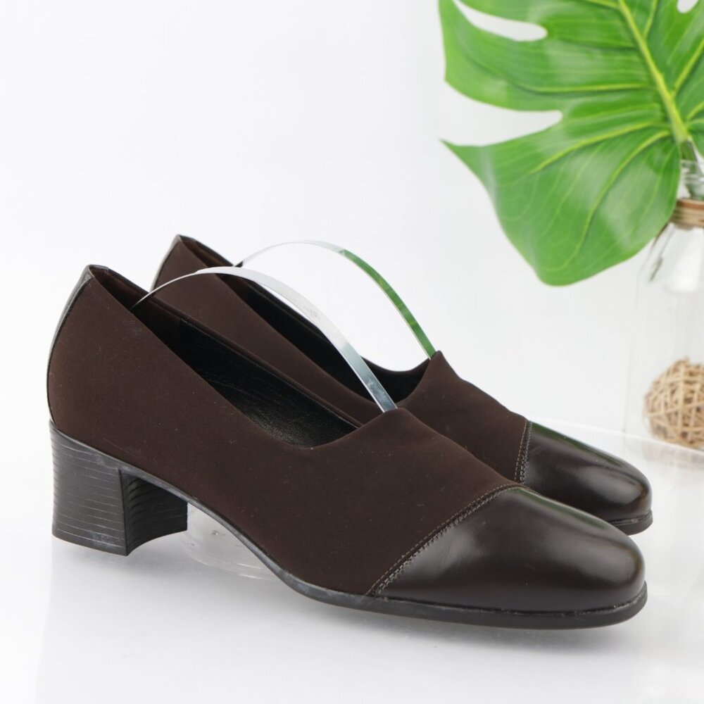 Munro Womens Julia Pump Size 7.5 M Brown Satin Block Heel Slip On Cap Toe Shoes